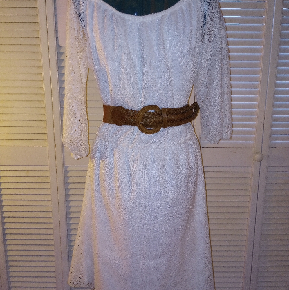 White Knit Dress with Brown Belt